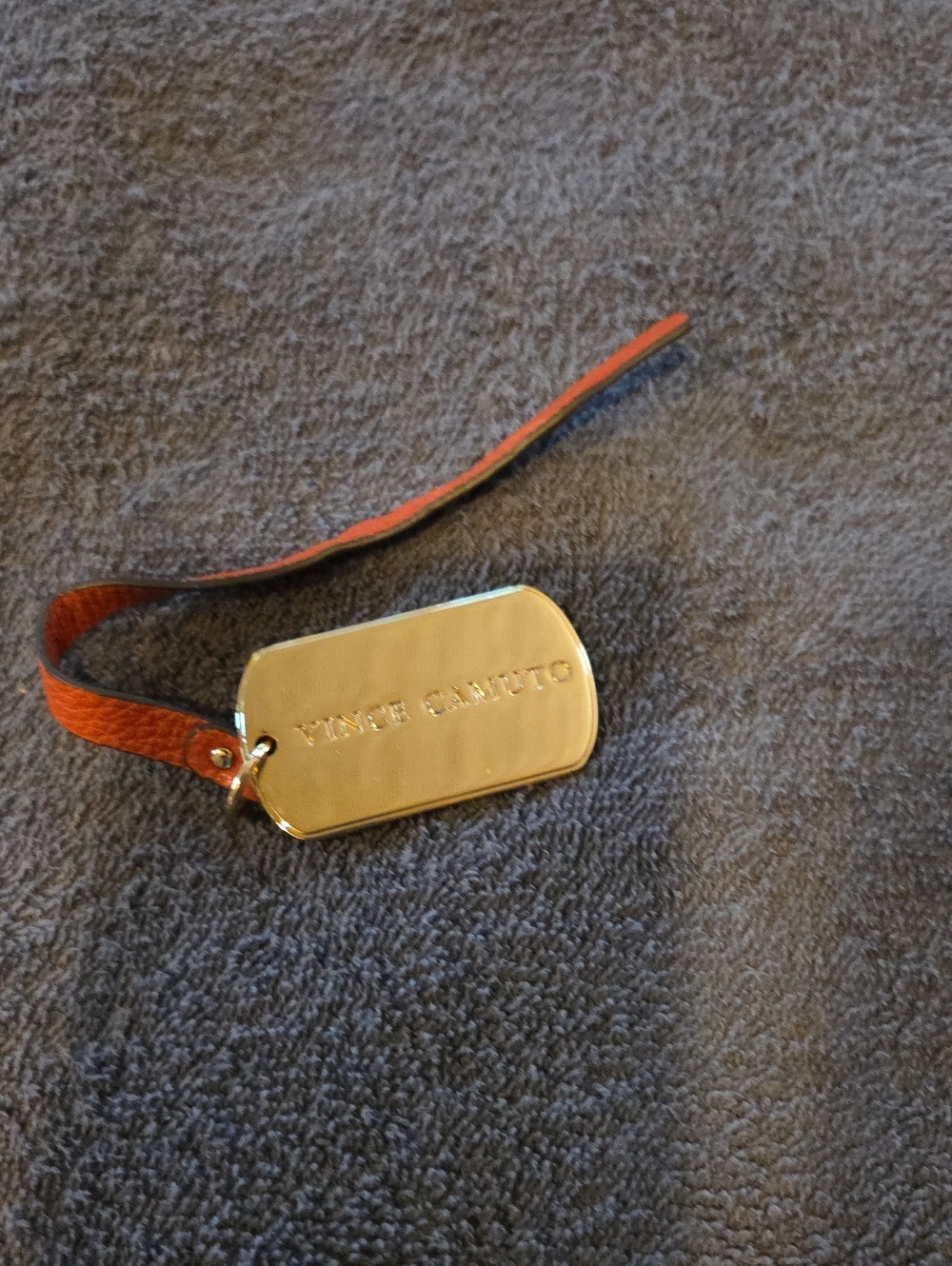 Vince Camuto Gold Dog Tag Key Ring with Dark Red Leather Loop